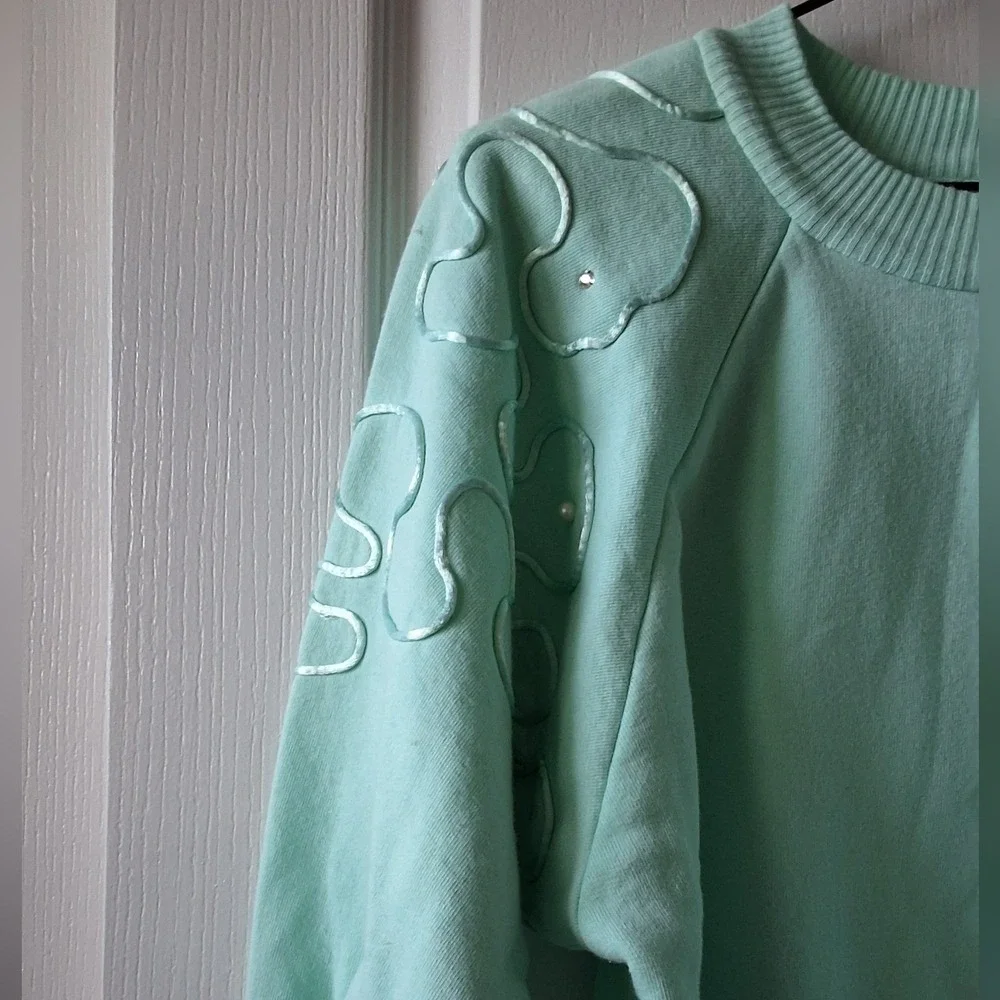 Bodalia Aqua Sweater 1980s Rhinestones Pearls Puffed Sleeves Vintage Flash Dance
